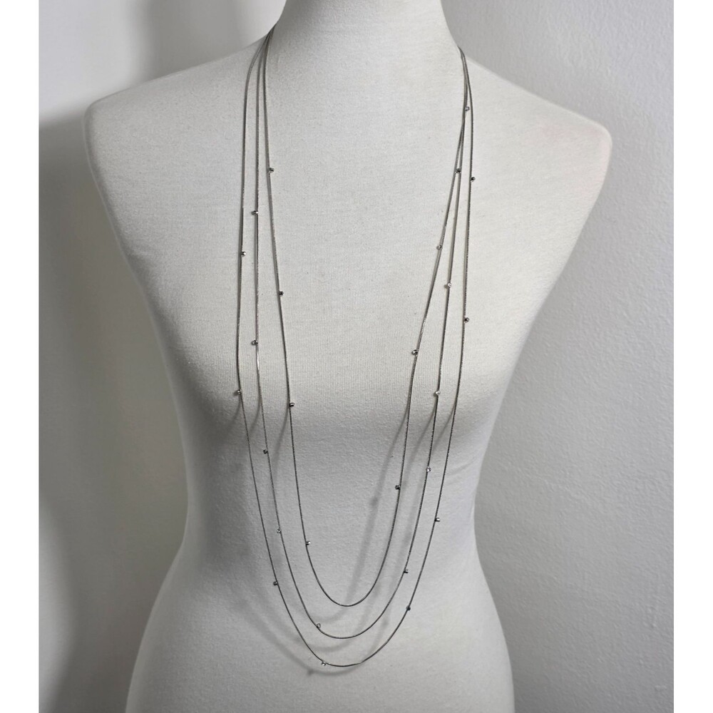 Nicole Miller Long Multi-Strand Silver Tone Station Necklace White Rhinestones
